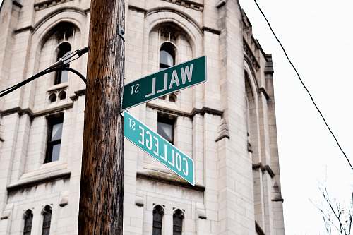 yale university Wall Street signage on brown wooden post new haven